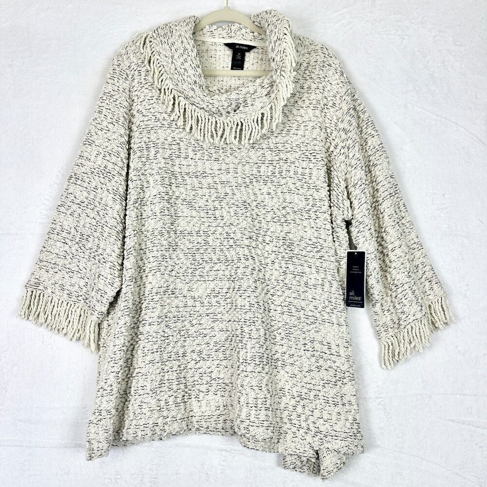 Ali Miles Cowl Neck Sweater Fringe Yarn Knit Size 2X Natural Boucle Chenille